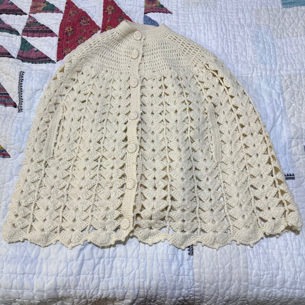 Handmade Crochet Capelet Cream White Button Front Shawl with Arm Holes